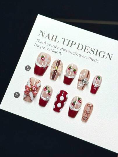 10 Pieces Of Pure Handmade Push-On Nails, Sweet And Cute Sweetheart Strawberry Bow Girl Comfortable Coffin-Shaped Nail Art, Detachable And Reusable, Suitable For Women, Suitable For Holidays Or Daily Wear
