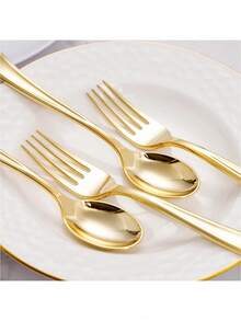 100pcs Gold Spoons And Forks Set, 50pcs Gold Forks And 50pcs Gold Spoons, Heavy Duty Cutlery Set Suitable For Party, Dining, Banquet, Wedding, Halloween, Christmas Party - Gold - View 3