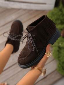 Damen Mode Slip-On Plateau-Schuhe - Lässig Veloursleder Elastikband Stil, bequeme Stoffinnenfütterung, rutschfeste Sohle, geeignet für alle Jahreszeiten - Braun - Übersicht 5