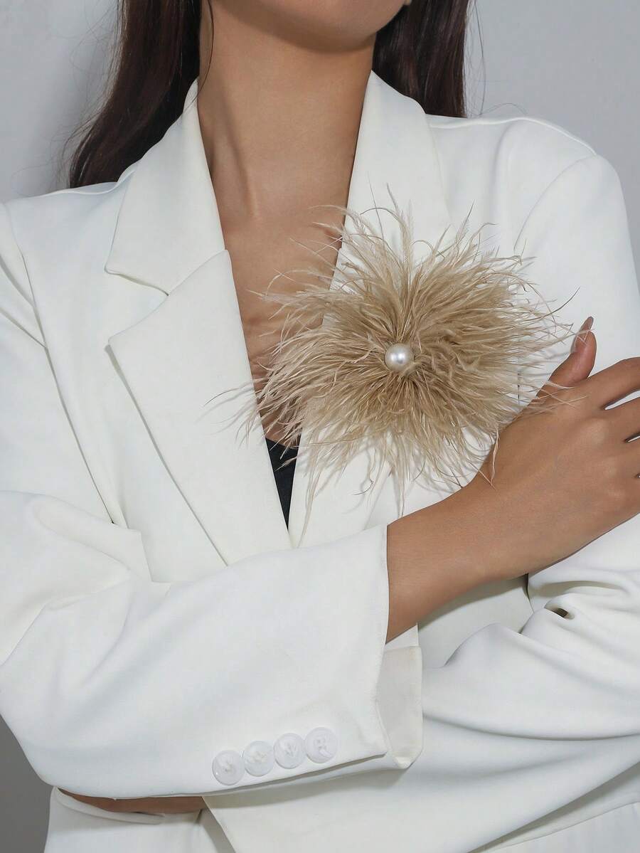 1 件手工制作的法式复古夸张羽毛胸针发夹，仿珍珠独特羽毛花胸针，时尚百搭头饰适合女性日常和晚装 - 咖色 - 查看 1