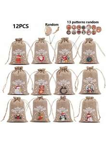12 Pieces Christmas Burlap Gift Bags Snack Container Christmas Treat Bags With Double Jute Drawstrings Small Goody Bags For Xmas Holiday Party Favors Supplies, Snowman, Santa Claus, Penguin, D,Christmas Valentine Day
