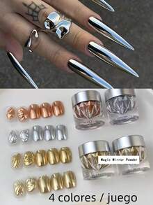 4 Colors Gold  Mirror Nail Powder Set, 3D Holographic Iridescent Nail Glitter Powder, Suitable For DIY Nail Art Design - 彩色 - 查看 1
