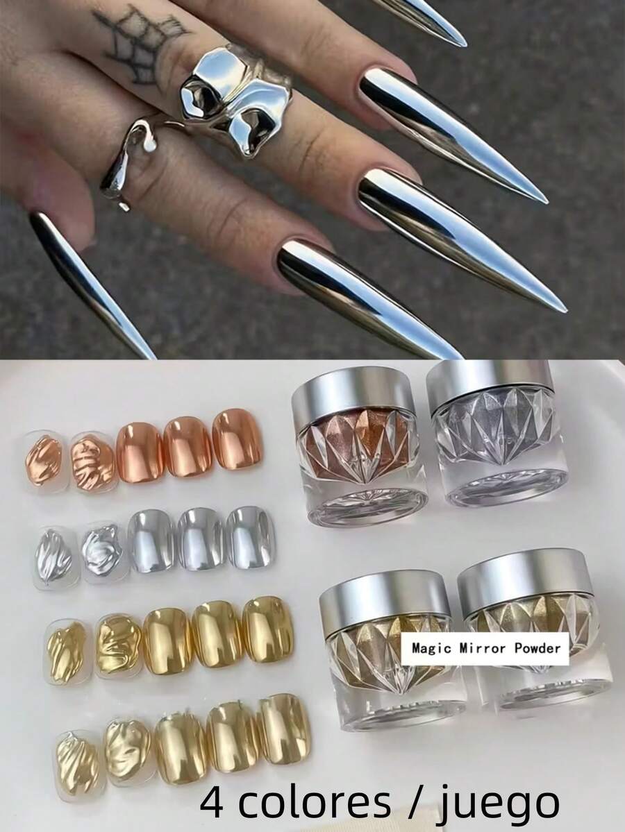 4 Colors Gold Mirror Nail Powder Set, 3D Holographic Iridescent Nail Glitter Powder, Suitable For DIY Nail Art Design - 彩色 - 查看 1