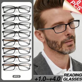 Set de 8 gafas de lectura con marco cuadrado pequeño clásico, ultraligero y cómodo, con patillas flexibles para uso diario, gafas esenciales para el trabajo diario para hombres y mujeres