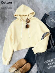 Haut court à manches longues pour femme, style décontracté, sweat à capuche pour femme, coupe ample, design à manches longues, tenue confortable, convient pour le printemps et l'automne, usage quotidien, sweat à capuche ample, convient pour le style girlish/sportif/décontracté/sexy/Y2K/polyvalent/mode/YK2/vacances/preppy/doux, streetwear, sweat-shirt uni jaune pour femme - Jaune citron - Voir 1