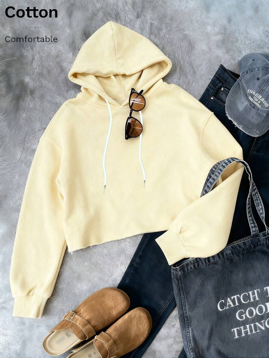 Haut court à manches longues pour femme, style décontracté, sweat à capuche pour femme, coupe ample, design à manches longues, tenue confortable, convient pour le printemps et l'automne, usage quotidien, sweat à capuche ample, convient pour le style girlish/sportif/décontracté/sexy/Y2K/polyvalent/mode/YK2/vacances/preppy/doux, streetwear, sweat-shirt uni jaune pour femme - Jaune citron - Voir 1