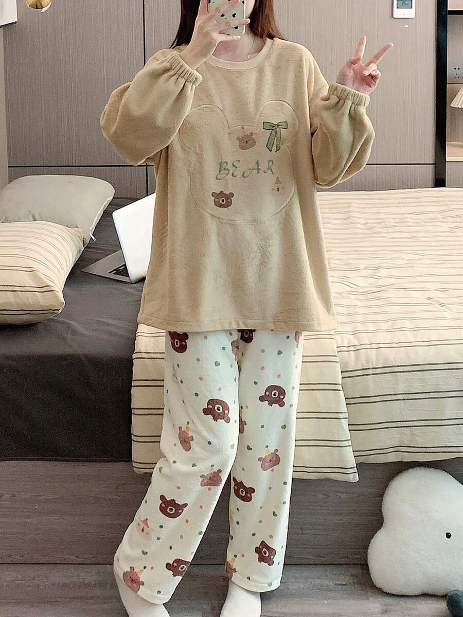 Pure Slumber 2pcs Flannel Fluffy Pajama Set , Khaki Embroidered Long Sleeve Top And Plush Bear Comfortable Loungewear, Autumn/Winter, Fall Clothes, Cozy - Khaki - View 1