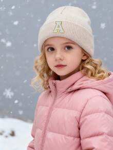 1pc Kids Knitted Hat With 26 Letter Pattern, Solid Color Knit Cap, Girls Hat, Warm Outdoor Hat, Autumn/Winter - Beige - View 2