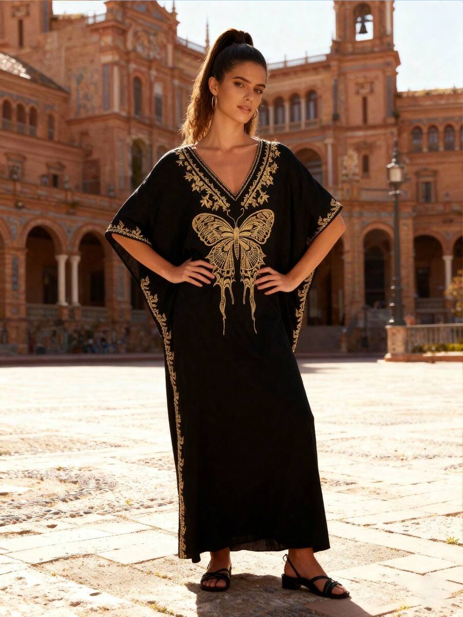 优雅女士黑色长款卡夫坦长袍,饰有金色蝴蝶刺绣,V领蝙蝠袖短袖 - 黑色 - 查看 1