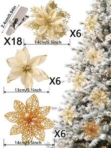 3/6/12/18/24 buc flori artificiale de Crăciun cu clipsuri, 3 stiluri ornamente de brad de Crăciun cu sclipici flori pentru ghirlandă DIY Crăciun Anul Nou petrecere decorare