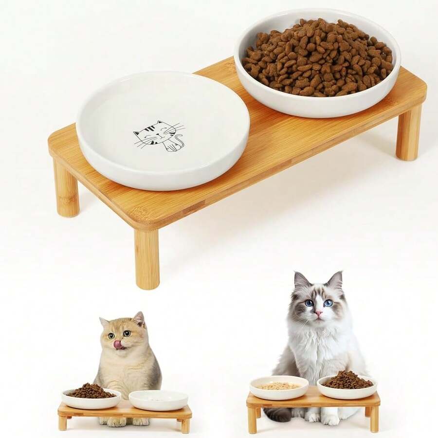 Elevated Cat Bowls For Indoor Cats – Raised Bamboo Cat Food Table With 2 Ceramic Dishes, Adjustable Height (4.25"/3.07"), Whisker Friendly Feeding Station{"Size_name":"Rectangle"} - 長方形 - 查看 1