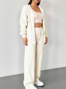 2 件纯色休闲拉链连帽衫套装，适合海滩、办公室、运动、家居、街头、春季、秋季、冬季、毕业典礼、返校、女教师、秋装、冬装、万圣节服装、沙特国庆节服装 - 杏色 - 查看 5