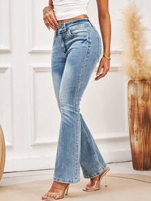 Jeans évasés taille mi-haute pour femmes - Denim stretch avec taille à double bouton, pantalon bootcut rétro classique lavé