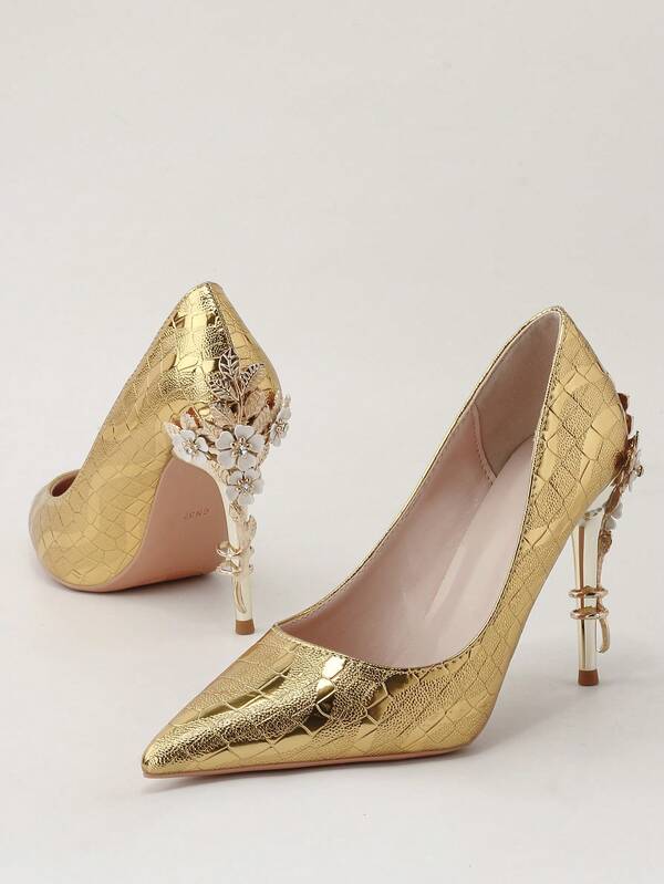 Fashionable Metallic Floral Stiletto High Heel Pointed Toe Women's Dress Shoes, Elegant European Style