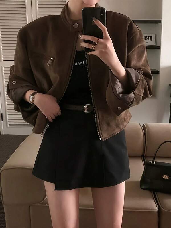 Women's Jacket, Blouson, Outerwear, Motorcycle Jacket, Spring/Autumn, Long Sleeve, Solid Color, Short Length, Slimming, Fall/Winter, Casual Fashion, Outings