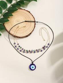3pcs/Set Bohemian Style Wax Cord Beaded Blue Evil Eye Pendant Necklace, Simple & Fashionable Beach Vacation Versatile Women Beaded Choker Necklace (Actual Chain Length, Random Eye & Bead Quantity)
