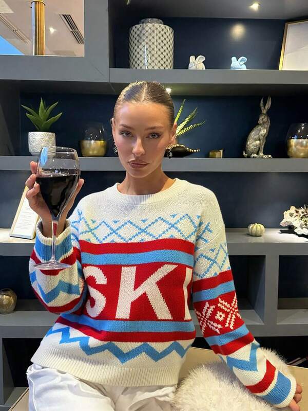 2025 New Women's Autumn/Winter Letter Jacquard Color Block Casual Loose Crew Neck Long Sleeve Sweater Knit Top, Oversized Retro American Style Street Wear Slouchy Vibe