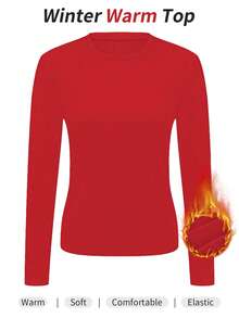 Women's Solid Color Warm Long Sleeve Crew Neck Thermal Underwear Top, Comfortable For Sports, Skiing, Hiking
