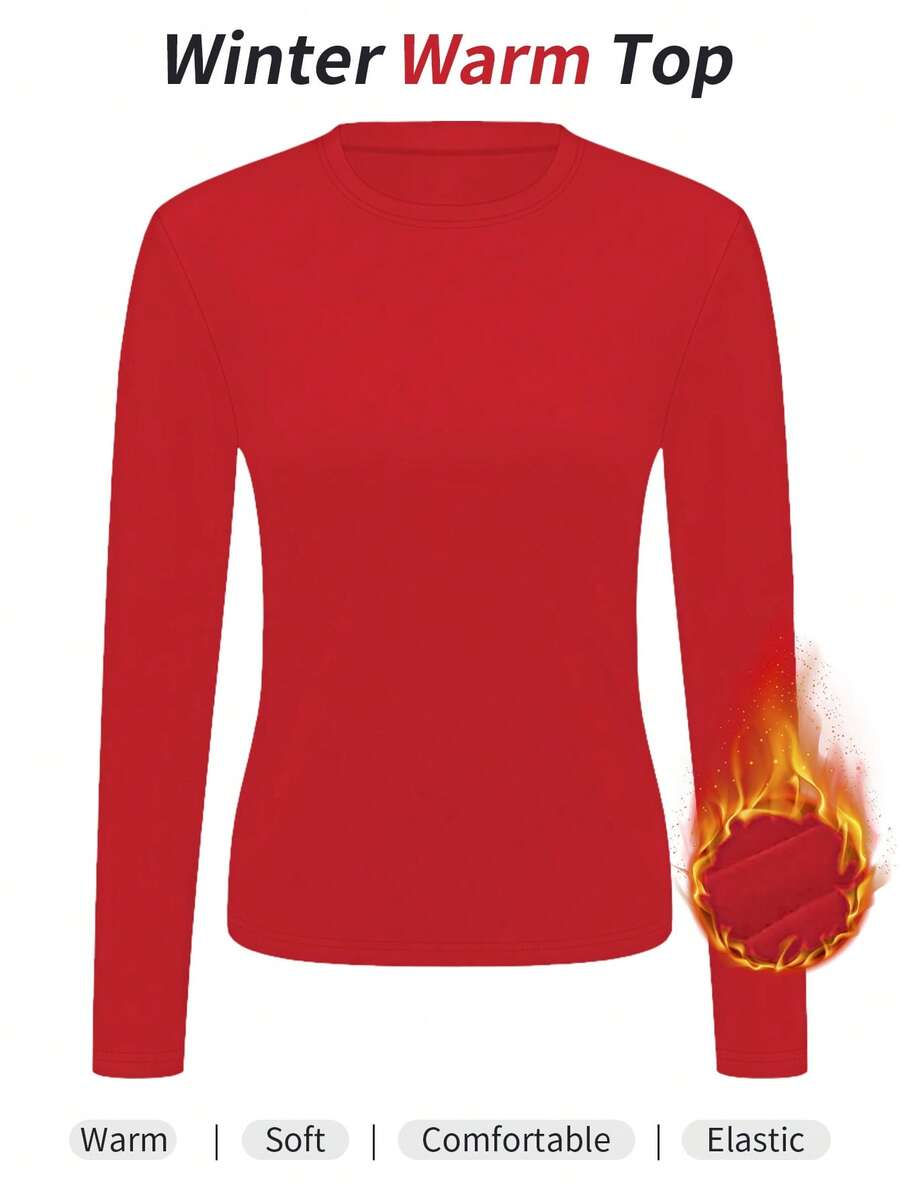 Women's Solid Color Warm Long Sleeve Crew Neck Thermal Underwear Top, Comfortable For Sports, Skiing, Hiking