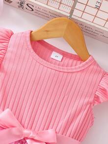 Girls Ruffled Butterfly Mesh Flutter Sleeve Elegant Dress With Belt, Pink, Summer - Pink - View 3