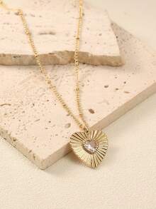 1pc Carved Line Heart Zirconia Inlaid Pendant Necklace, Versatile Daily Wear Accessory (Chain Bead Quantity Random)