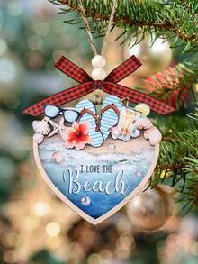 Ocean Style Christmas Ornament, I Love The Beach, Heart-Shaped Ocean Christmas Home Decor, Shell Flip Flops Summer Elements Double Layer Wooden Home Decor, Christmas Tree Hanging Decorations, Christmas Holiday Party Home Decor