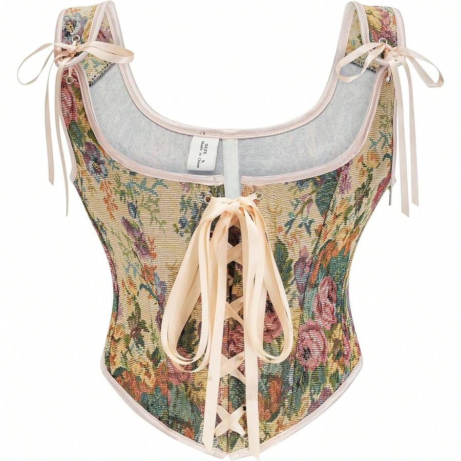 Women's Waist Cincher Bustier Boned Corset With Design In 2025 - Beige Vintage Floral - View 1
