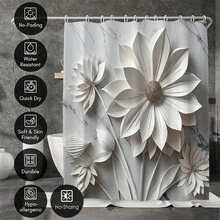 时尚3D立体花卉防水淋浴挂毯，带挂钩 - 现代浴室装饰，可机洗涤纶材质，防水防霉，轻便透气，不遮光。颜色可能因光线条件略有不同。包含12个挂钩 - 艺术浴室装饰。 - 彩色 - 查看 4