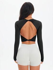 女士夏季镂空性感长袖T恤，性感黑色长袖上衣镂空服装，瑜伽透气柔软扭曲交叉背部