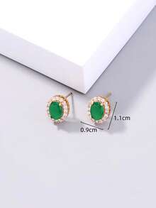 1 Pair Minimalist Zirconia Emerald Stud Earrings, Gold-Plated Oval Earrings Accessories - Multicolor - View 5