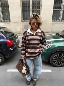 HoloChill 女款對比色翻領條紋休閒長袖針織套頭上衣，2026夏季新款百搭情人節，女款條紋 Polo 領針織長袖修身套頭毛衣，適合秋冬/春季/秋季日常穿著、返校、返校舞會、法式風格 - 酒紅色 - 查看 2