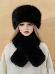 New Classic Faux Fur Soft Fluffy Outdoor Cold-Proof Casual Warm Solid Color Hat And Scarf Set, Autumn/Winter