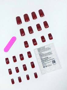 24Pcs Short Square Solid Burgundy/Red/Maroon Minimalist Wearable Nail Art Stickers, Suitable For Daily Wear, Dates, Afternoon Tea, Outings Press On Nails Nail Supplies NailsValentine's Day Gift For Her ZN13 - 彩色 - 查看 5
