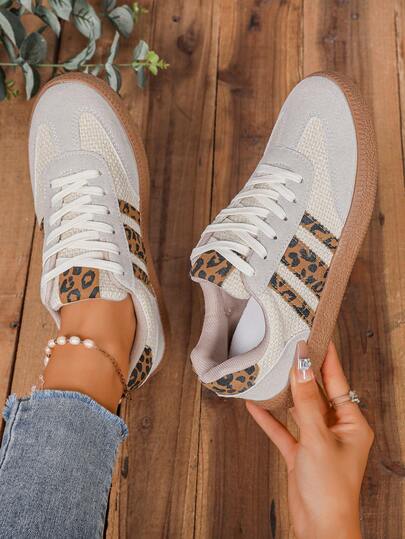 Women's Casual Versatile Leopard Print Accent Sneakers, Women's Fashion Eye-Catching Comfortable Durable Rubber Soft Sole Athletic Shoes, Women's Patchwork Sports Shoes