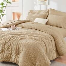Beige Seersucker 7-Piece Comforter Set, All Season Luxury Bed-In-A-Bag For Bedroom, Comforters, Sheets, Pillowcases & Shams, Modern Minimalist Design - 卡其色 - 查看 4