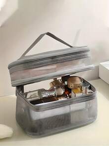 1 pezzo Borsa da trucco da viaggio a doppio strato, borsa portaoggetti multifunzionale con rete, borsa portacosmetici di grande capacità, accessori da viaggio, borsa cosmetici portatile, borsa da trucco da donna portatile, necessità da viaggio