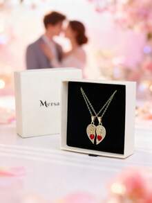 2 piezas Collar con corazón de rubí rompible con diseño de rosa y Virgen María, elegante y sencillo, collar de pareja, regalo del Día de San Valentín con estuche, cobre incrustado con 3A, adecuado para regalo, uso diario, festivo y oración