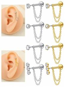 CIZME 1件装垂坠扁平耳环，带链，16G无螺纹不锈钢推入式耳环，适用于耳软骨、耳廓、耳屏、鼻部穿孔，男女通用，6/8毫米针，鼻钉，唇环，耳软骨环，唇部穿孔，美杜莎鼻饰，耳屏，耳廓饰品 - 金銀色-2 - 查看 7