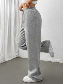 Women's Solid Color Sweatpants, Elastic Waistband, Drawstring Waist, Straight Leg, Comfortable Casual Outdoor Pants, Suitable For Students And Women - Light Grey - View 2