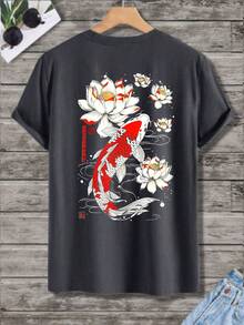 Herren Große Größen Sommer T-Shirt mit Koi Fisch- und Lotus Blumen Muster, Rundhals, Kurzarm, Lässig - Grau - Übersicht 2