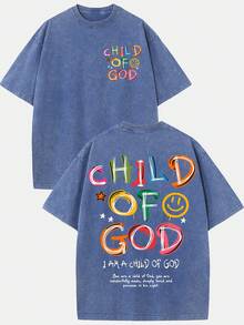 (230g T-Shirt)Men's Distressed Cotton "Child Of God" Colorful Graffiti Graphic Tee, Loose Casual Crewneck Short Sleeve T-Shirt, Retro Fun Religious Top, Comfortable All - Season Wear - 藍色 - 查看 1