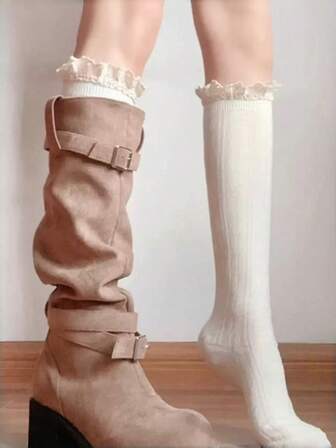 1 Pair Women's New Simple Solid Color Lace Trim Ivory Socks, Pair With Boots, Collegiate Style Japanese Fashion Cable Knit Texture Ballet Leg Warmers Knee High Socks, Cozy Socks