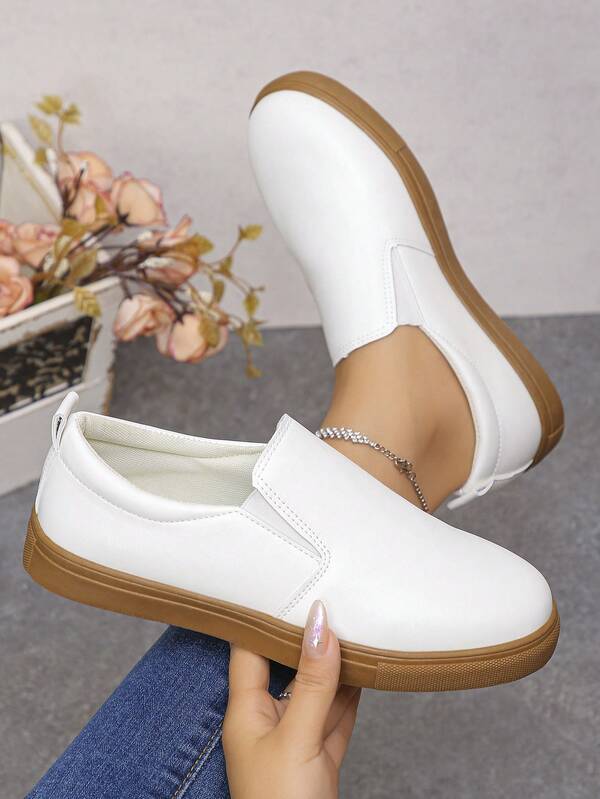 Zapatos planos de mujer de punta redonda con cierre deslizante, color blanco, adecuados para uso diario, hogar, exterior y deportes