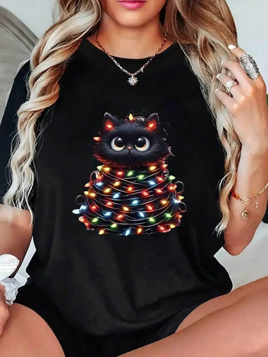 100% Pure Cotton Cartoon Cute Kitten Series, Niche Personality Unique Non Collision Cartoon Pattern Printed T-Shirt Shirt, Daily Casual Single Piece Women's Short Sleeved Top - Black - View 1