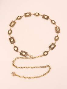1 Piece Fashion Temperament Niche Light Luxury Style Vintage Metal Carved Waist Chain Women's Rhinestone Chain Fashion Waist Chain With Skirt Thin Belt Party Banquet Holiday Gift - 香檳色 - 查看 8