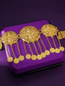 1件金色锌合金圆形腰链新娘腰带，饰有流苏、硬币和图案，镶嵌钻石。情人节配饰 - 金色 - 查看 5