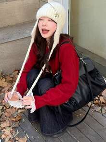 女士红色针织毛衣，韩式设计，荷叶边饰边和领带，长袖套头衫，秋冬 - 紅色 - 查看 6