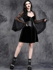 女式哥特式性感万圣节蕾丝拼接女巫袖天鹅绒连衣裙 - 黑色 - 查看 5