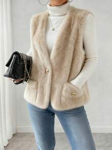 New French-Style Women's Fashionable & Elegant Sleeveless Faux Fur Vest For Autumn And Winter, With Single-Button Design, Pockets And Crew Neck