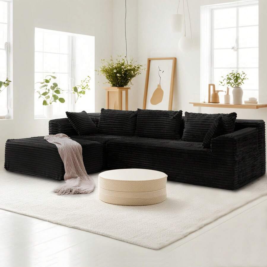 KORSER 108" Sectional Sofa, Modular Sectional Couch With L-Shape Chaise For Living Room, Comfy Corduroy Upholstered Fluffy Couch With Deep Seat And Side Pockets, Cloud Couch Sectional, No Assembly Required - 黑色 - 查看 1
